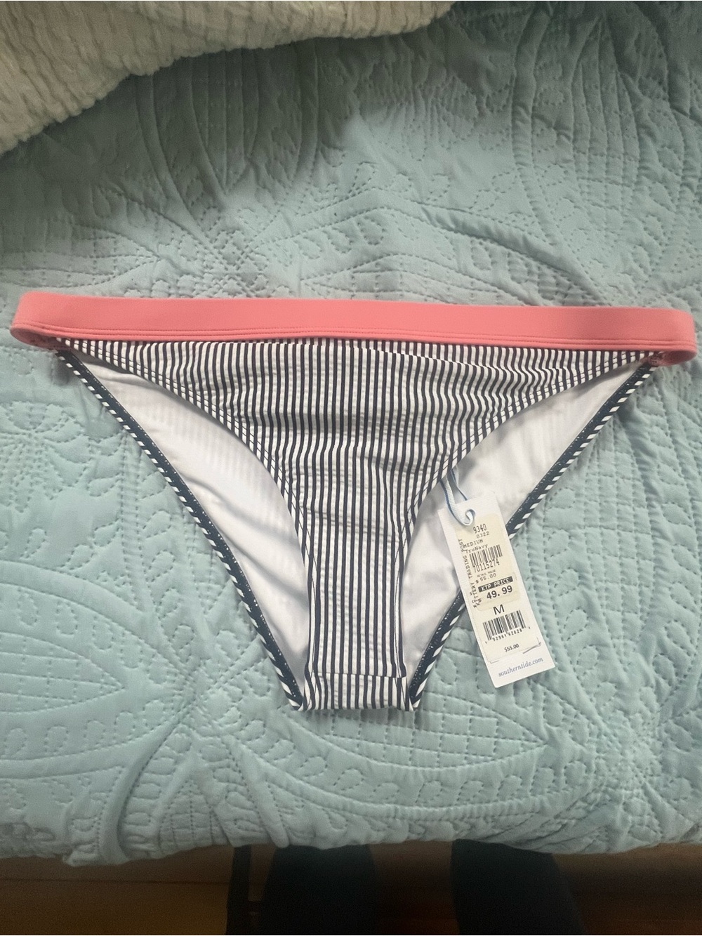 Southern Tide Navy Striped Bikini Bottom with Coral Waistband